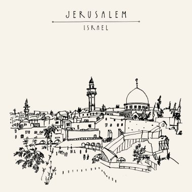 Kudüs, İsrail. Şehir manzarası. Ağlama Duvarı. Seyahat kroki. El turistik kartpostal, poster, takvim ya da kitap illüstrasyon çekilmiş. Jerusalem şehir görünümü kartpostal vektör el yazı ile