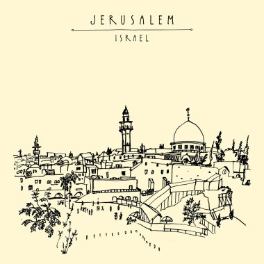 Kudüs, İsrail. Şehir manzarası. Ağlama Duvarı. Seyahat kroki. El turistik kartpostal, poster, takvim ya da kitap illüstrasyon çekilmiş. Jerusalem şehir görünümü kartpostal vektör el yazı ile
