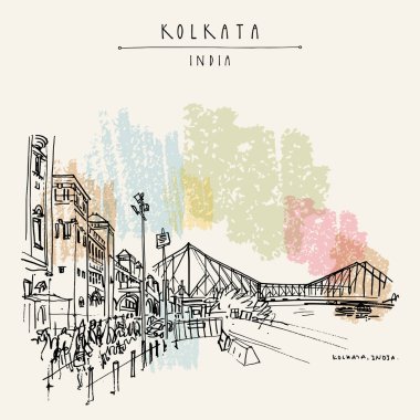 Kolkata, Hindistan. İngiliz döneminden kalma Howrah Junction Tren İstasyonu ve Hooghly (Hugli, Hoogli) Nehri üzerindeki Howrah Köprüsü. Kalıtsal koloni mimarisi. Ünlü tarihi simgeler. Vektör eli çizilmiş seyahat kartı