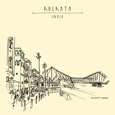 Kolkata, Hindistan. İngiliz döneminden kalma Howrah Junction Tren İstasyonu ve Hooghly (Hugli, Hoogli) Nehri üzerindeki Howrah Köprüsü. Kalıtsal koloni mimarisi. Ünlü tarihi simgeler. Vektör eli çizilmiş seyahat kartı