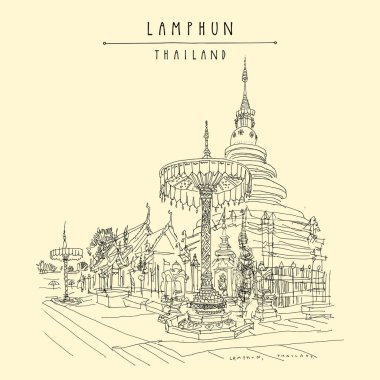 : Lamphun, Thailand. Wat Phra ki Hariphunchai Woramahawihan, eski Budist Tapınağı. 9. yüzyıl stupa. Ünlü turistik. Elle çizilmiş vintage turistik kartpostal. Vektör çizim