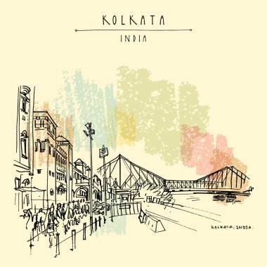 Kolkata, Hindistan. İngiliz döneminden kalma Howrah Junction Tren İstasyonu ve Hooghly (Hugli, Hoogli) Nehri üzerindeki Howrah Köprüsü. Kalıtsal koloni mimarisi. Ünlü tarihi simgeler. Vektör eli çizilmiş seyahat kartı