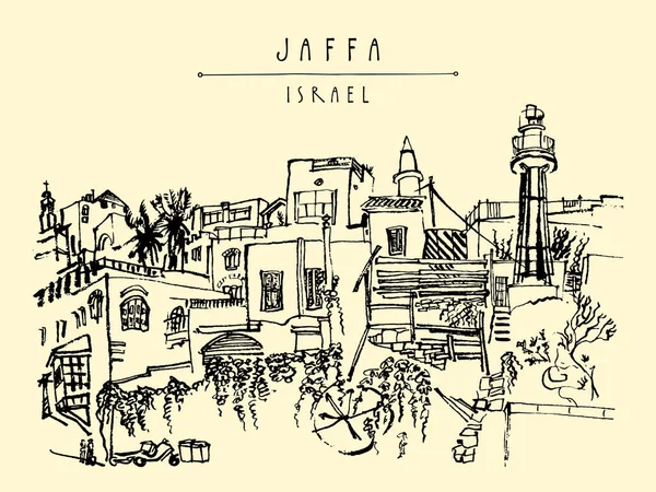 Illustration Artistique Jaffa Yafo Tel Aviv Israël Phare Maisons Arbres — Image vectorielle