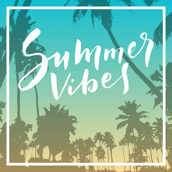 Summer Vibes Affiche Citation Calligraphique Inspirante Sur Fond Plage Coucher — Image vectorielle