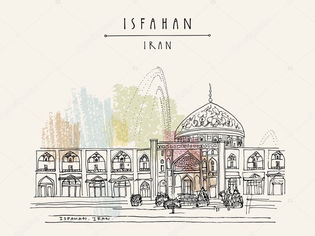 Isfahan, Iran. Sheikh Lotfollah Mosque in Naghsh-i Jahan Square. Built during the Safavid Empire in 17th century. Tourist attraction. Travel hand drawn postcard in vector