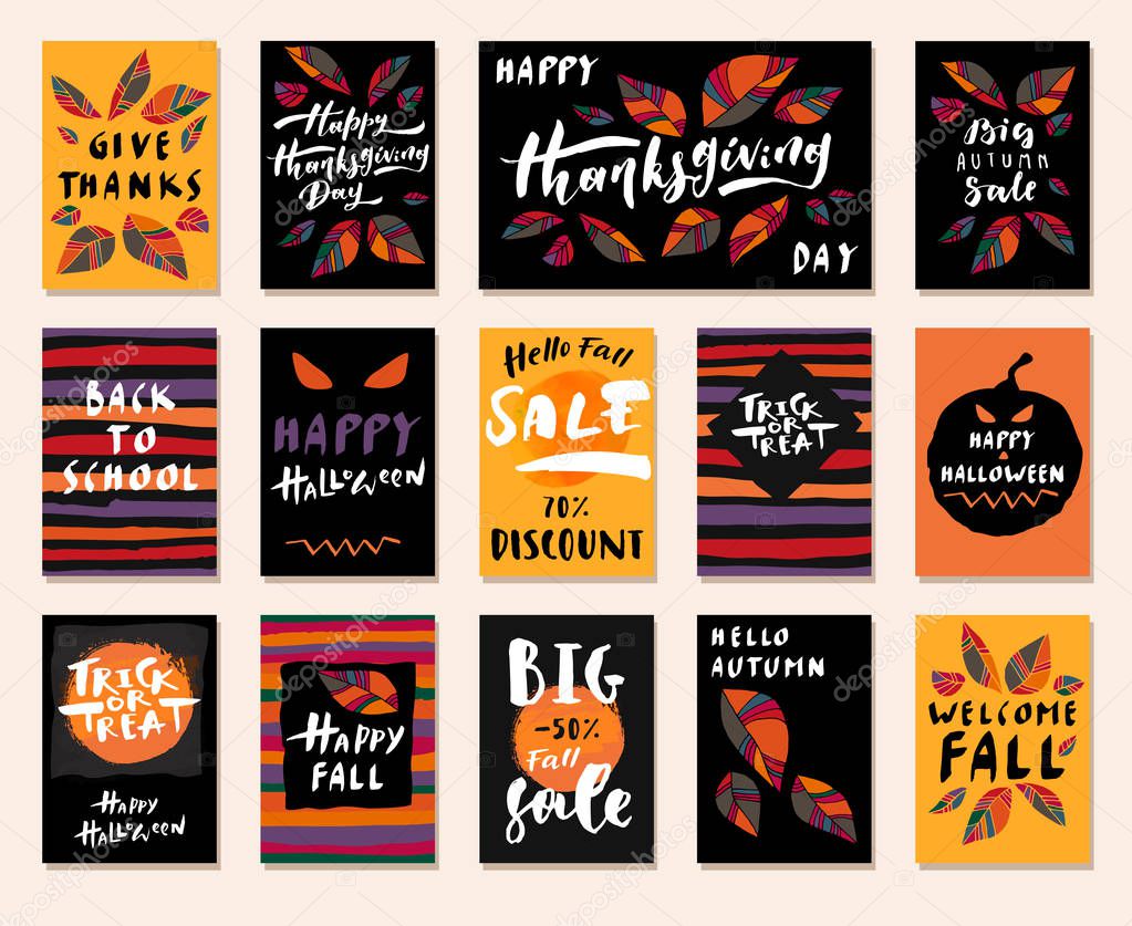 Big Autumn Sale. Happy Fall Y'all. Hello Autumn. Back To School. Happy Halloween.  Trick or Treat. Happy Thanksgiving Day. Set of modern calligraphic posters. Hand lettered greeting cards. Vector illustration