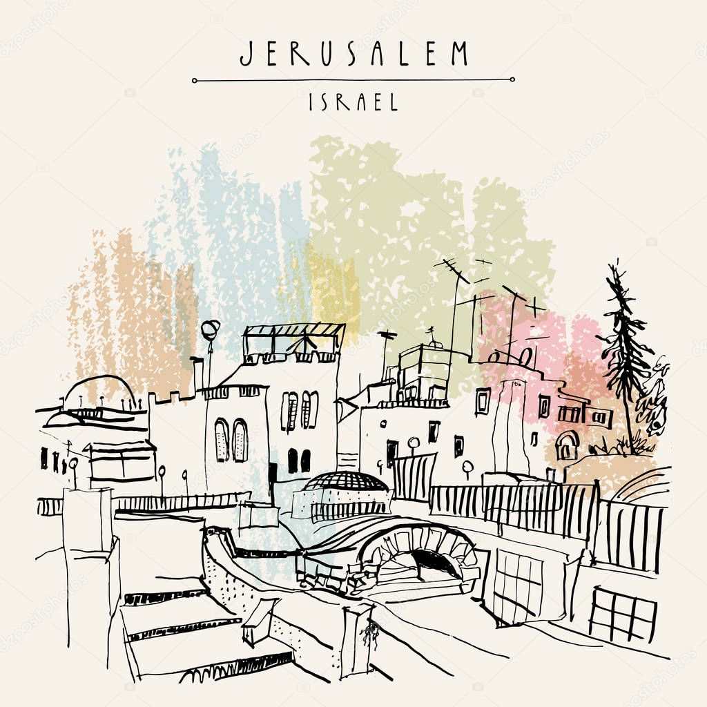 Rooftops of Jerusalem above Arabic market, Israel. Jewish quoter. Travel sketch. Hand drawn touristic postcard, poster, calendar or book illustration. Jerusalem city view postcard with hand lettering in vector