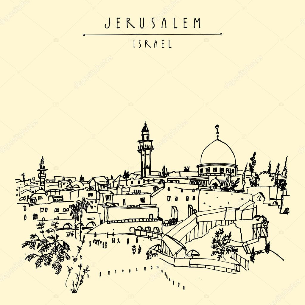 Jerusalén, Israel. skyline de la ciudad. Muro de lamentos. Esbozo de viaje. Postal turística
