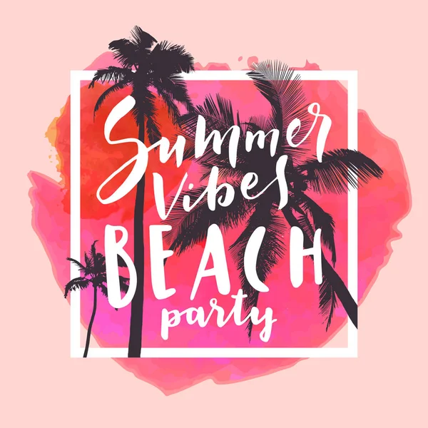 Summer Vibes Beach Party Calligraphic Watercolor Poster Flyer Red Tropical — Stock Vector