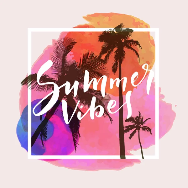 Summer Vibes Calligraphic Inspirational Quote Poster Tropical Summer Beach Background — Stock Vector
