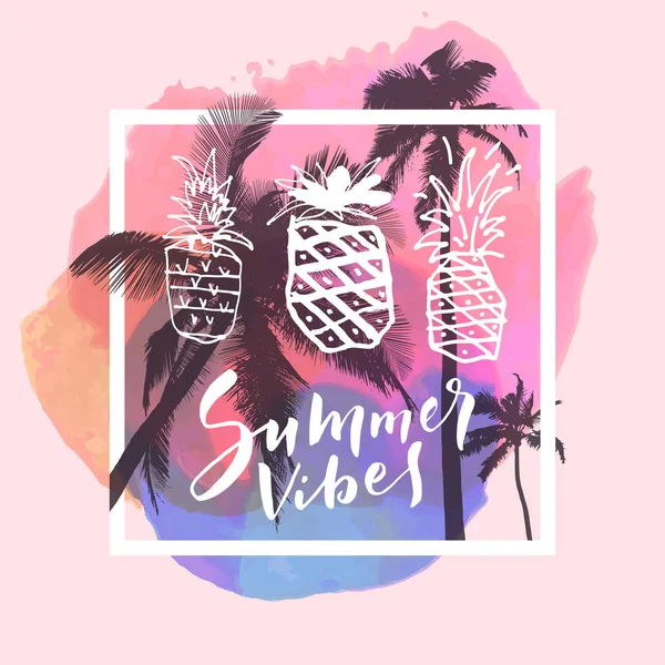 Summer Vibes Calligraphic Inspirational Watercolor Poster Tropical Summer Beach Background — Stock Vector