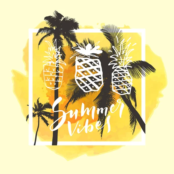 夏の感じ 黄色水彩トロピカル夏ビーチの背景 ベクトル図で書道の心に強く訴える水彩ポスター — ストックベクタ