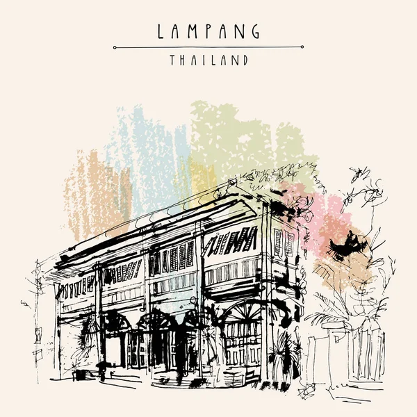 Lampang Kuzey Tayland Eski Bir Ahşap Otel Binası Güzel Geleneksel — Stok Vektör