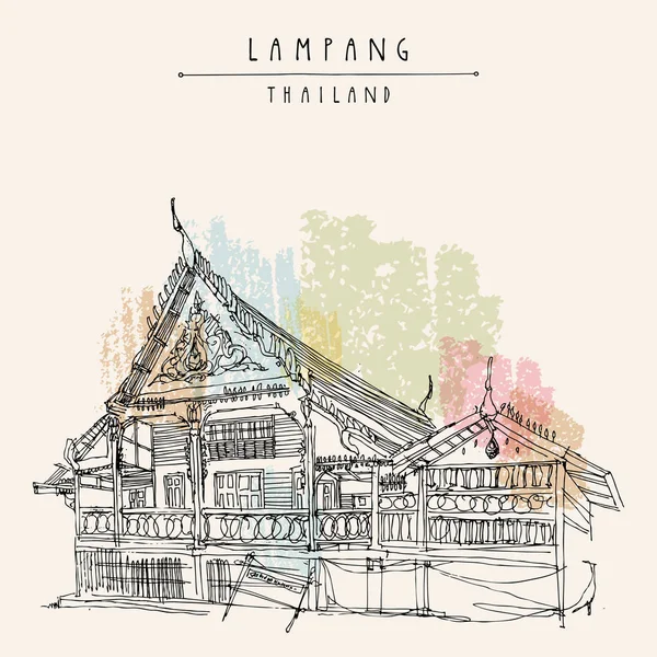 Lampang Nordthailand Ein Holzgebäude Auf Einem Buddhistischen Tempelgelände Schöne Traditionelle — Stockvektor