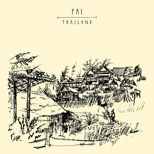 Bambushütten Pai Tal Nordthailand Atmosphärische Landschaft Handgezeichnete Alte Künstlerische Postkartenvorlage — Stockvektor