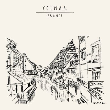 Eski tarihi evleri ve nehir vintage el çekilmiş turistik kartpostal, Colmar, Fransa