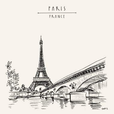 Eyfel Kulesi Paris vintage el çekilmiş turistik kroki kartpostal