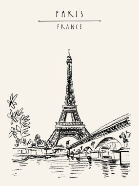 Eyfel Kulesi Paris vintage el çekilmiş turistik kartpostal