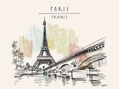 Eyfel Kulesi Paris vintage boyalı el çekilmiş turistik kartpostal