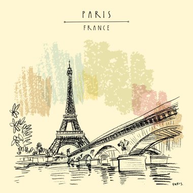 Eyfel Kulesi Paris vintage boyalı el çekilmiş turistik kartpostal