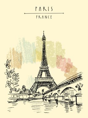 Eyfel Kulesi Paris vintage el çekilmiş turistik kartpostal renkli