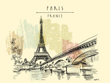 Eyfel Kulesi Paris vintage el çekilmiş turistik kartpostal renkli