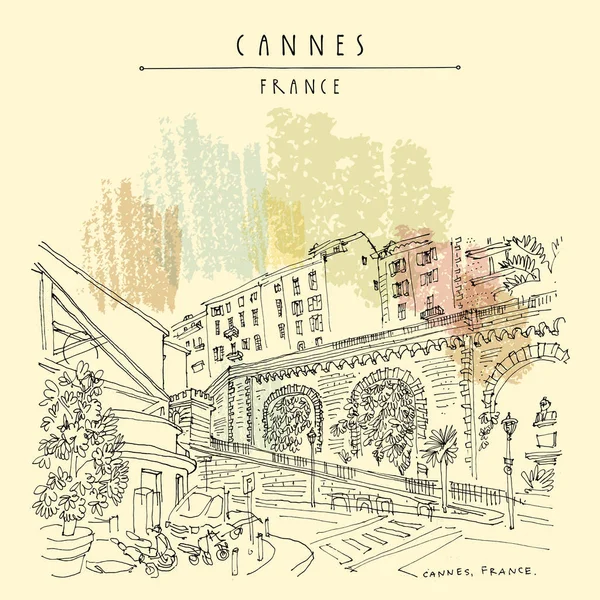 Rua Cannes Cartão Postal Turístico Vintage Desenhado Mão França Europa —  Vetores de Stock