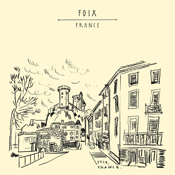Vintage el çekilmiş turistik kartpostal ile kalede Foix, Occitanie, Fransa