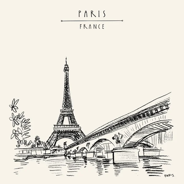 Torre Eiffel París Vintage Dibujado Mano Postal Boceto Turístico — Vector de stock