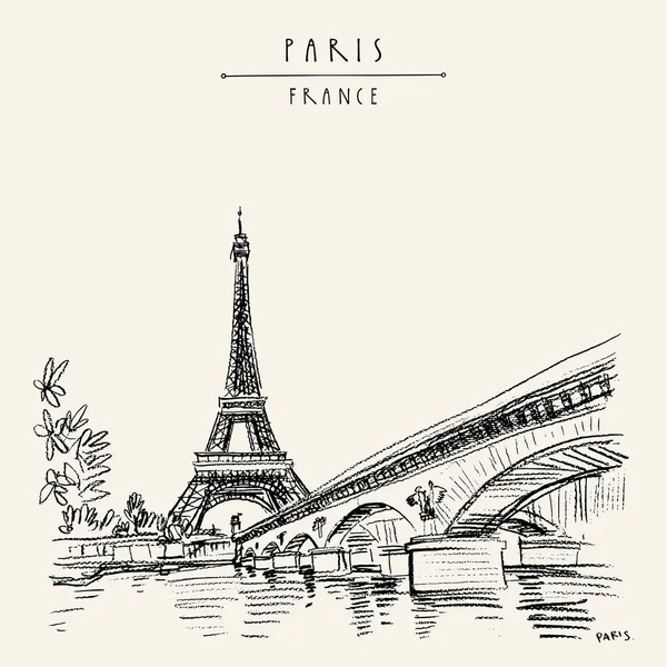 Eyfel Kulesi Paris vintage el çekilmiş turistik kroki kartpostal