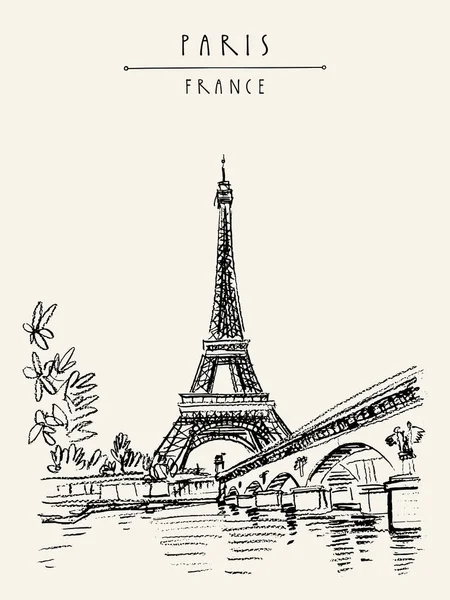 Toren Van Eiffel Parijs Vintage Hand Getekende Toeristische Briefkaart — Stockvector