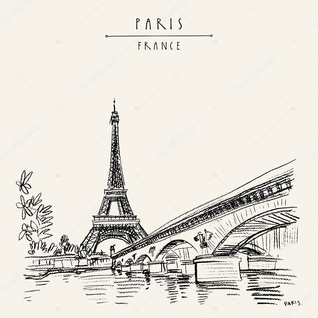 Eiffel Tower in Paris vintage hand drawn touristic sketch postcard