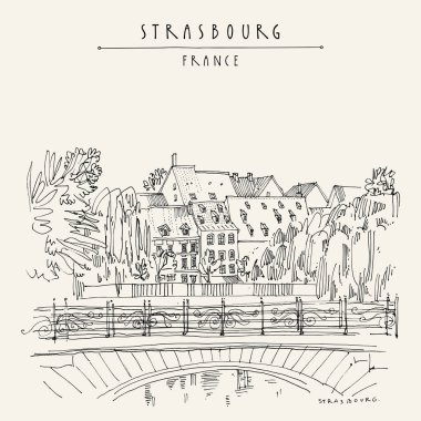 Köprü, ağaçlar ve eski evler vintage çizilmiş turistik kartpostal, Strasbourg, Fransa, Europe el