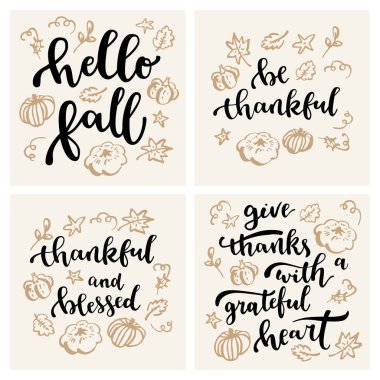 Şükran günü modern kaligrafi elle çizilmiş kümesi tebrik kartları alıntı