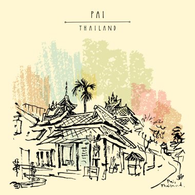 Tay geleneksel mimari el çekilmiş vintage kartpostal, Pai, Mae Hong Son Eyaleti, Tayland, Thailand, Güneydoğu Asya