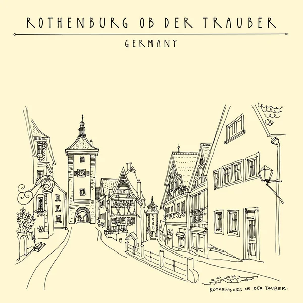 Postal Vintage Con Casas Antiguas Portón Histórico Rothenburg Alemania Europa — Vector de stock