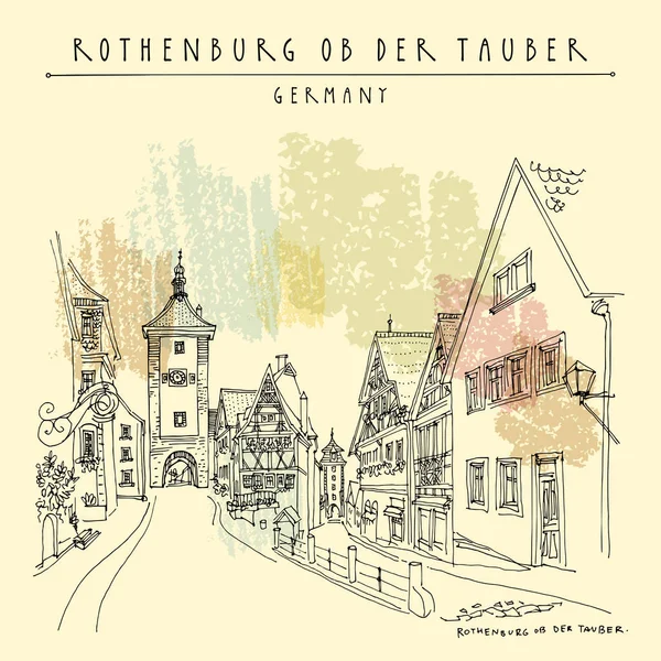 古い家屋や歴史的なゲート ローテンブルク ドイツ ヨーロッパのヴィンテージ色ポストカード — ストックベクタ