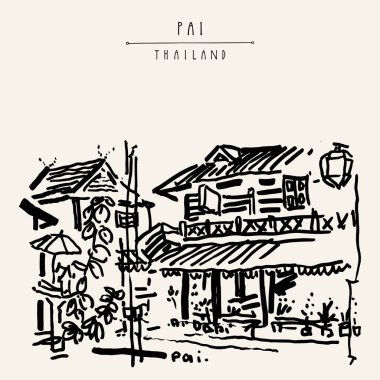 Tay geleneksel mimari vintage kartpostal, Pai, Mae Hong Son Eyaleti, Tayland, Thailand, Güneydoğu Asya.