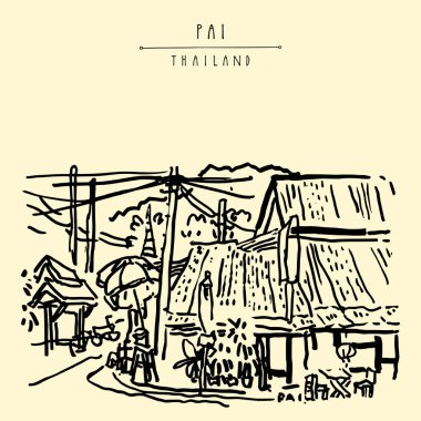 Tay geleneksel mimari Pai, Mae Hong Son, Tayland, Thailand, vintage kartpostal