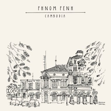 Phnom Penh, Kamboçya, vintage el çekilmiş seyahat kartpostal sokakta