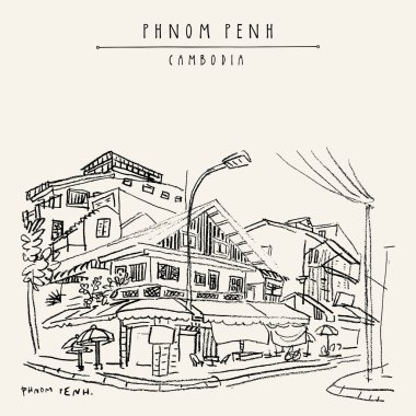 Phnom Penh, Kamboçya, vintage el çekilmiş seyahat kartpostal sokakta