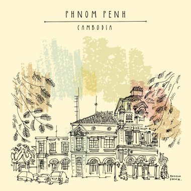 Phnom Penh, Kamboçya, vintage el çekilmiş seyahat kartpostal sokakta
