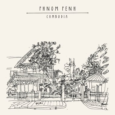 Phnom Penh, Kamboçya, vintage el çekilmiş seyahat kartpostal sokakta