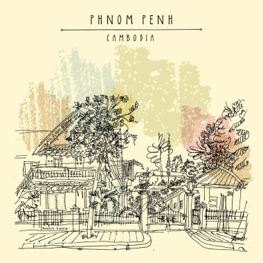 Phnom Penh, Kamboçya, vintage el çekilmiş seyahat kartpostal sokakta