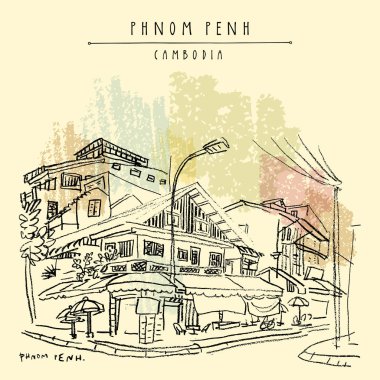 Phnom Penh, Kamboçya, vintage el çekilmiş seyahat kartpostal sokakta