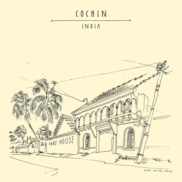 Casas Antiguas Árboles Tropicales Cochin India Postal Viaje Dibujada Mano — Vector de stock