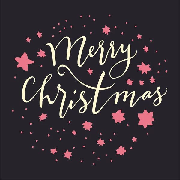 Siyah arka plan üzerine pembe yıldız ile neşeli Noel kaligrafi kartı.