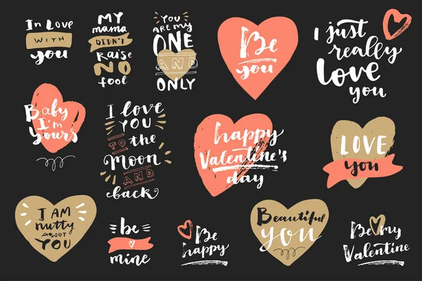 Ensemble Messages Amour Main Saint Valentin Avec Des Cœurs Illustration — Image vectorielle