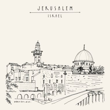 Kudüs, İsrail. Ağlama duvarı. Seyahat kroki. El turistik kartpostal, poster, takvim ya da kitap illüstrasyon çekilmiş. Jerusalem şehir görünümü kartpostal vektör el yazı ile