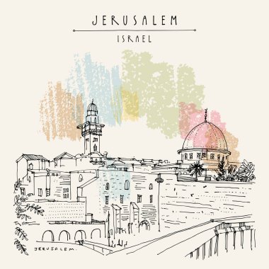 Kudüs, İsrail. Ağlama duvarı. Seyahat kroki. El turistik kartpostal, poster, takvim ya da kitap illüstrasyon çekilmiş. Jerusalem şehir görünümü kartpostal vektör el yazı ile